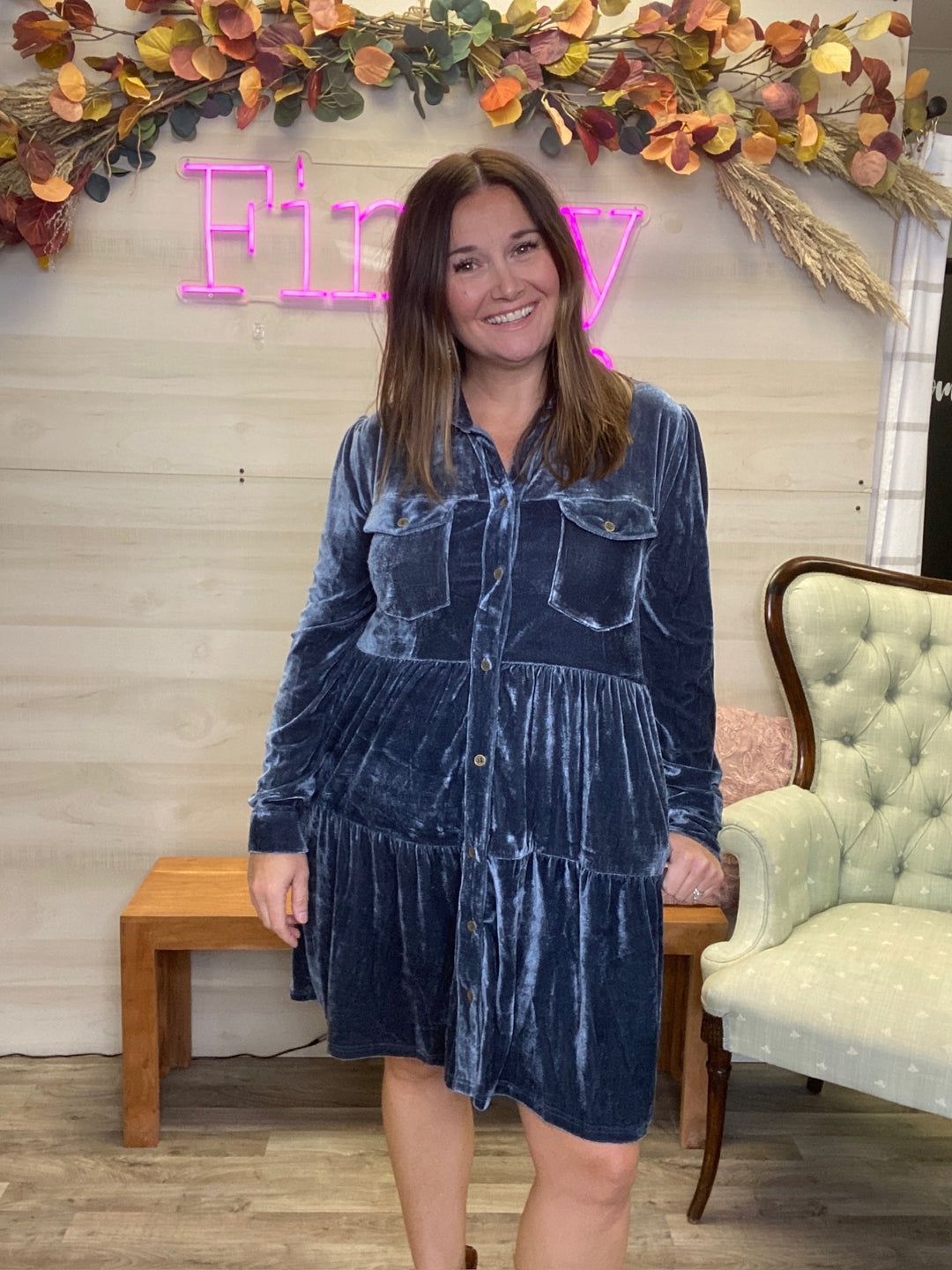Blue Velvet Tiered Dress