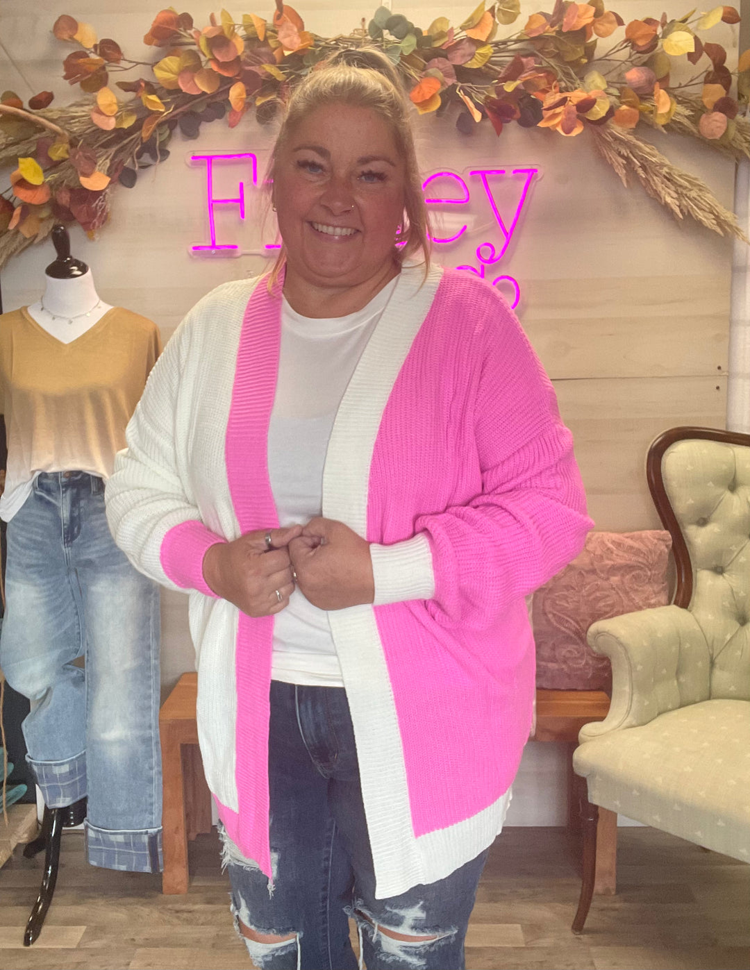 Hot Pink Color Block Cardigan