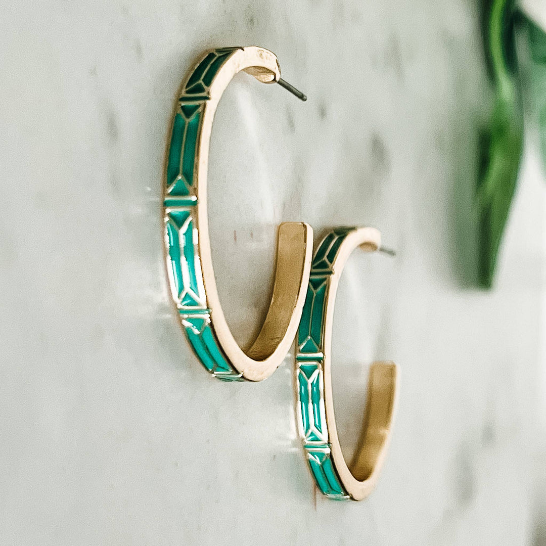 Gold & Teal Enamel Hoop Earrings