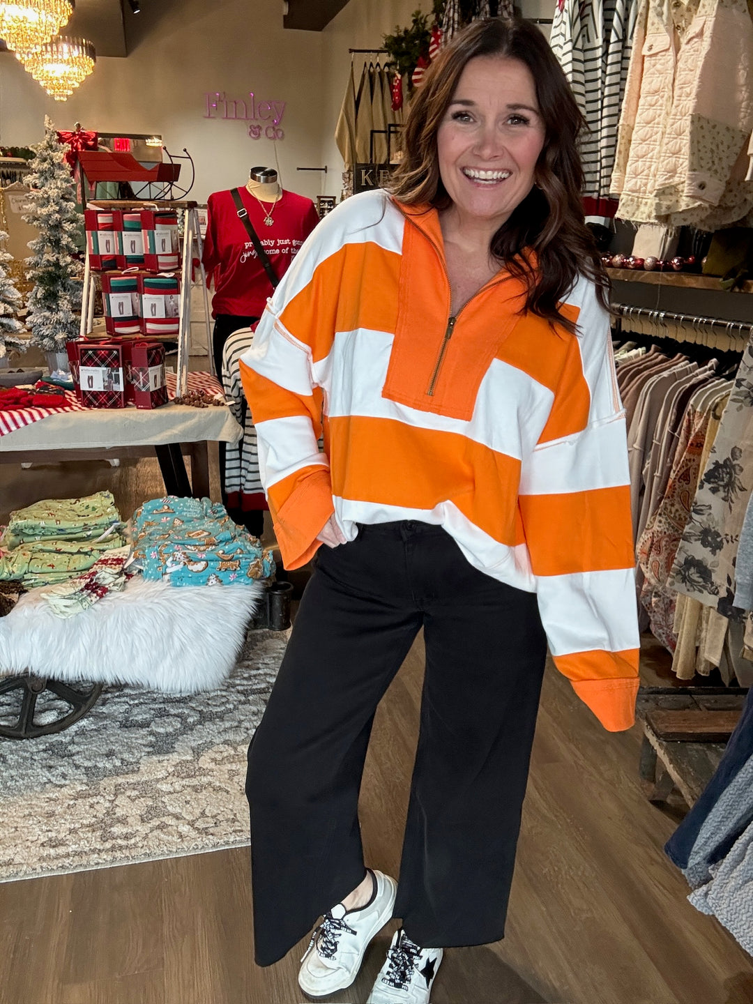 Orange Stripe Zip Pullover