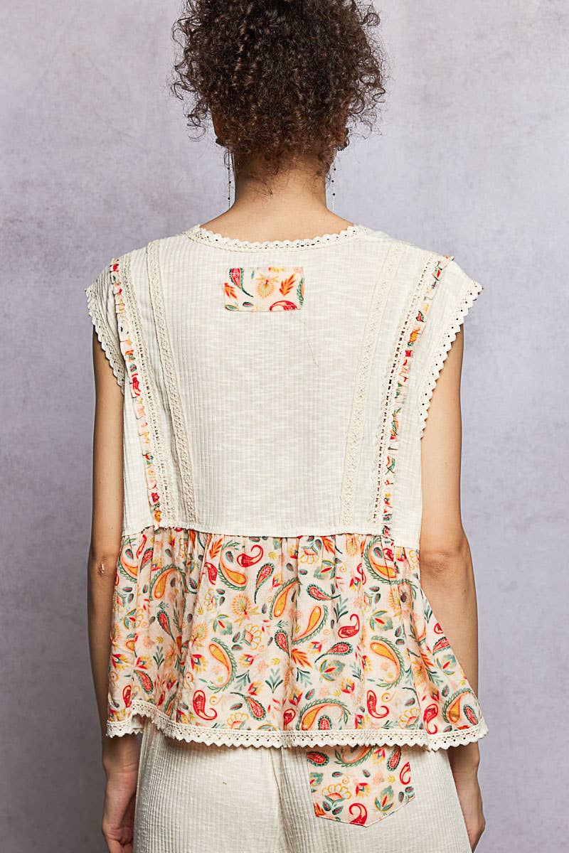 V-neck Floral Pattern Trim Ruffle Rib Knitted Sleeveless Top