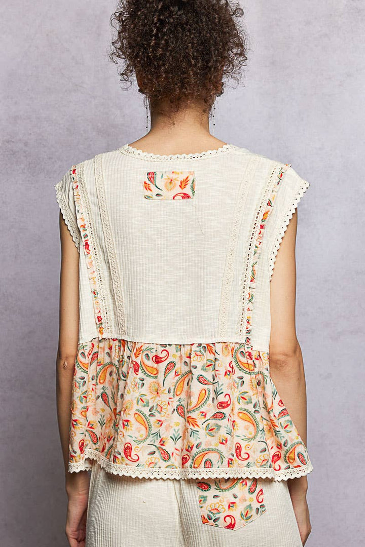 V-neck Floral Pattern Trim Ruffle Rib Knitted Sleeveless Top