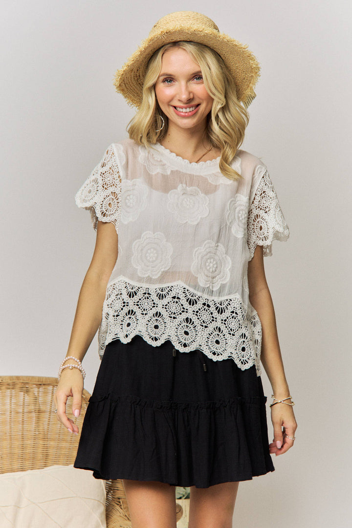 LACE SLEEVE COTTON TOP- LET4268