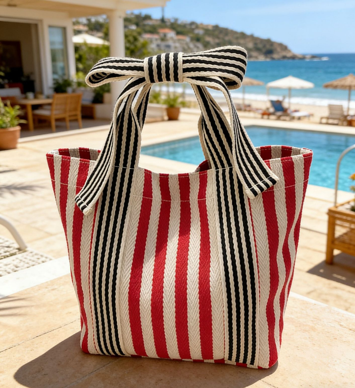 Striped Tote Bag Beach Bow Handle