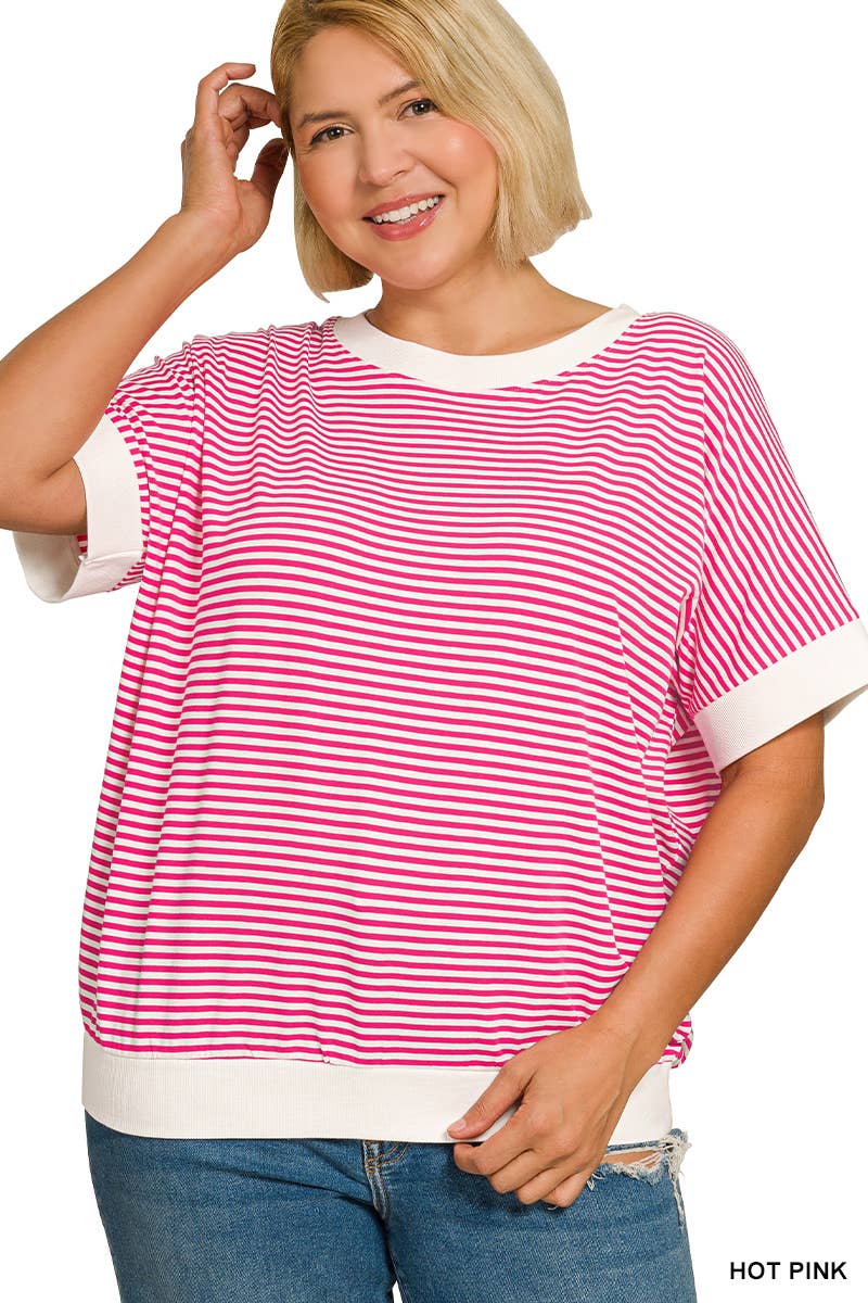Plus Stripe Contrast Trim Banded Bottom Top