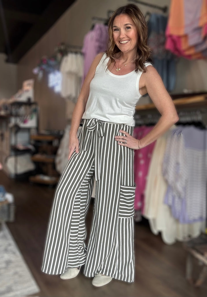 Olive Stripe Wide Leg Pants