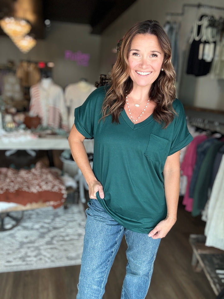 V Neck Rolled Sleeve Tee