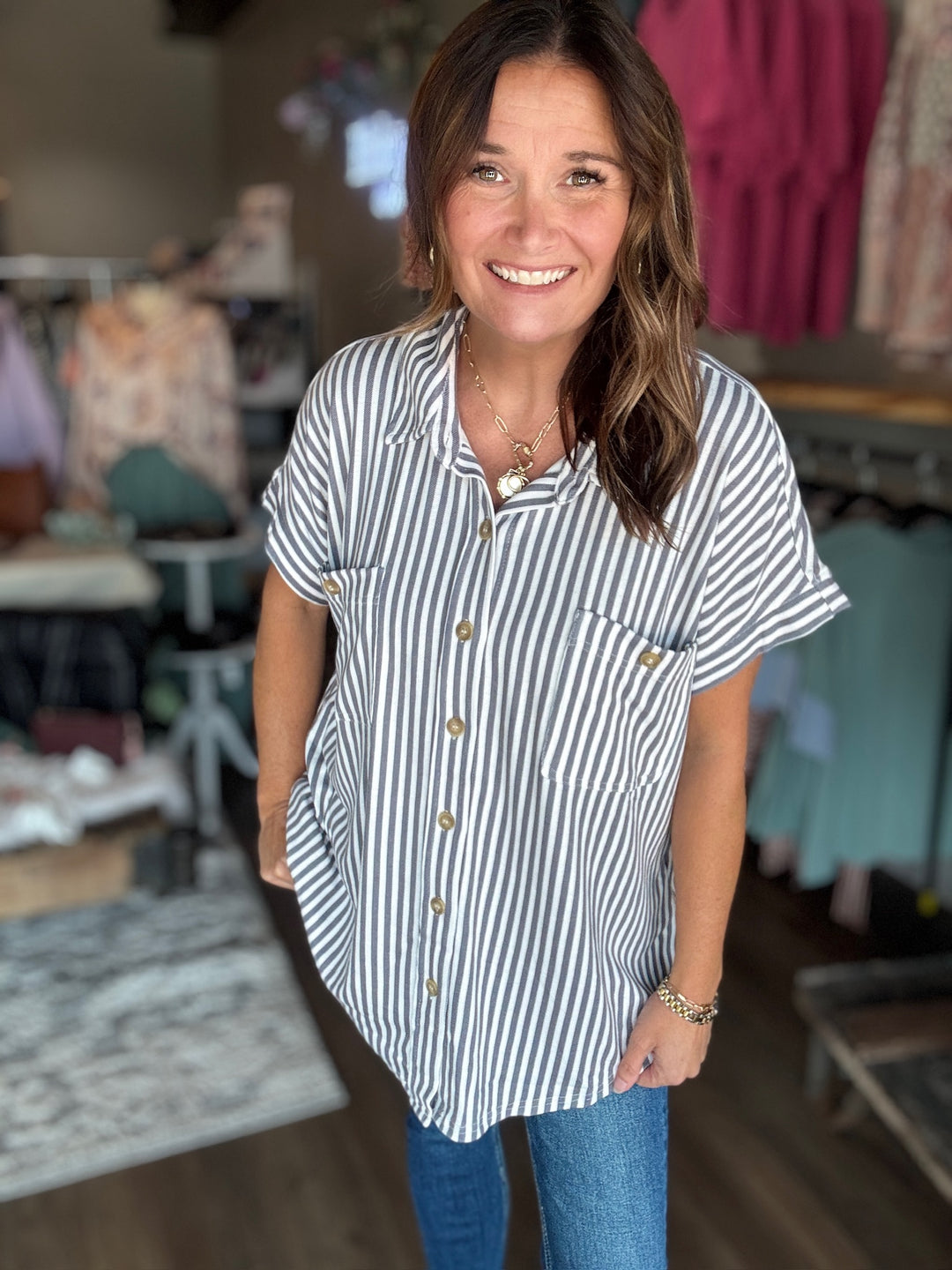 Plus Striped Collared Top