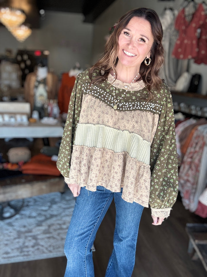 Olive Floral Tiered Top