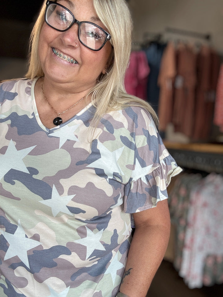 Camo Ruffle Sleeve Tee