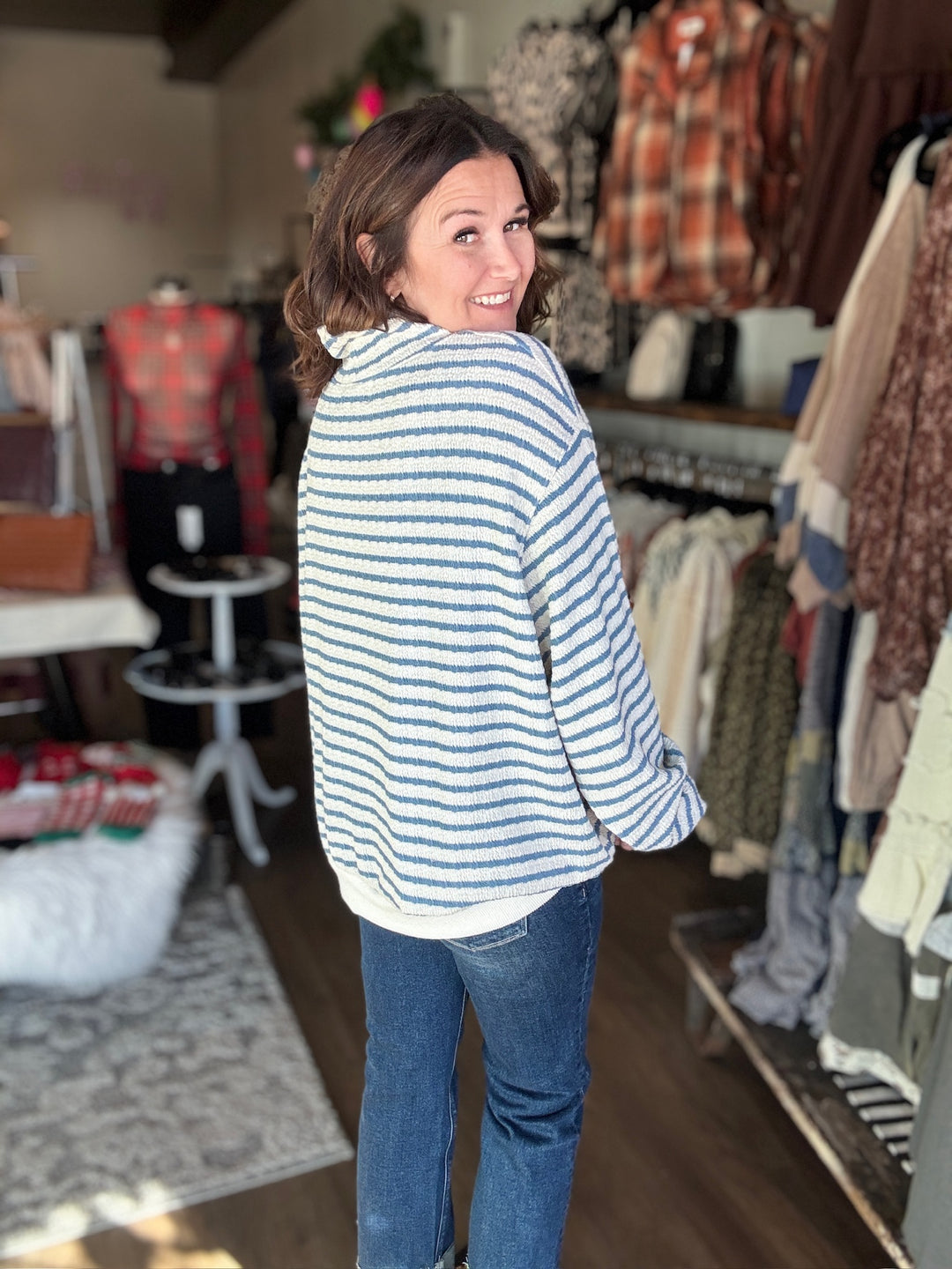 Mock Neck Blue Striped Sweatshirt
