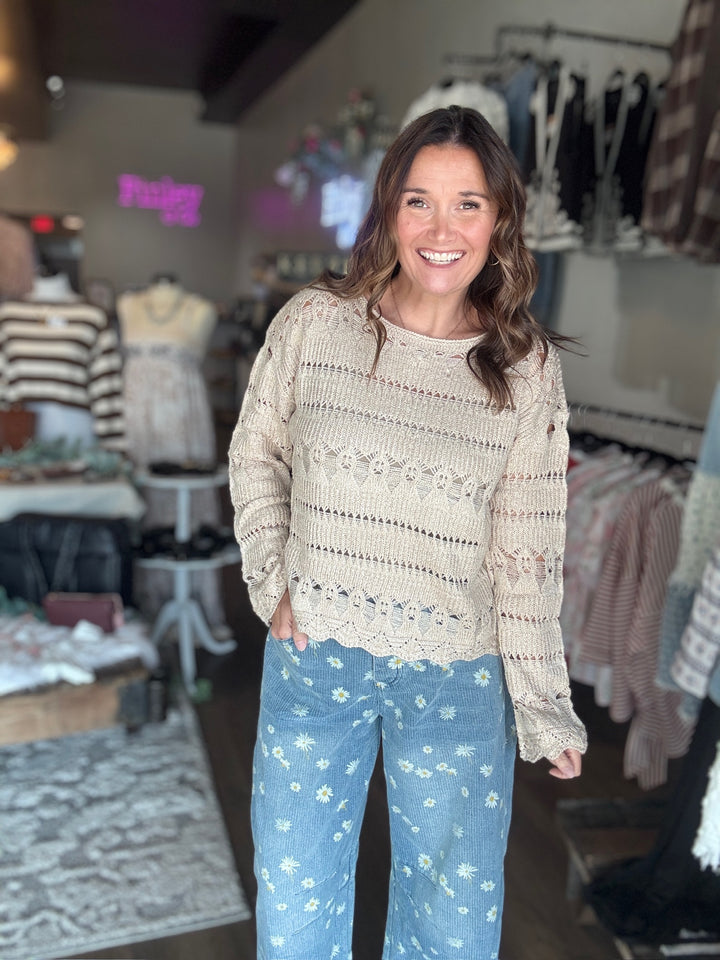 Tan Open Knit Pullover Sweater