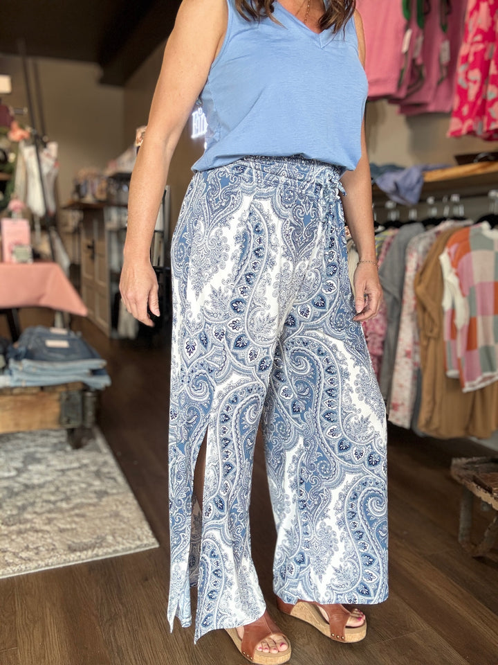 Printed Side Slit Wide Leg Pants