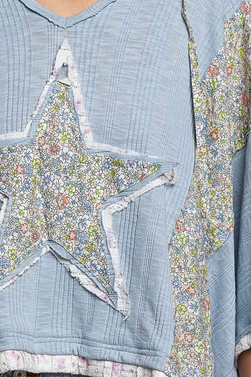 Long Sleeve Lace Contrast Floral Star Patch Knit Top SALE