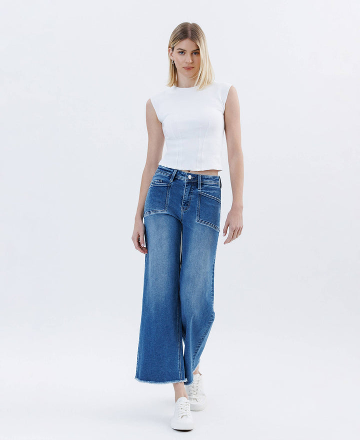 HIGH RISE RAW HEM ANKLE WIDE LEG JEANS LV1683