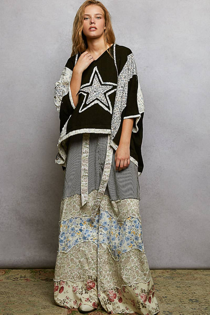 Long Sleeve Lace Contrast Floral Star Patch Knit Top SALE