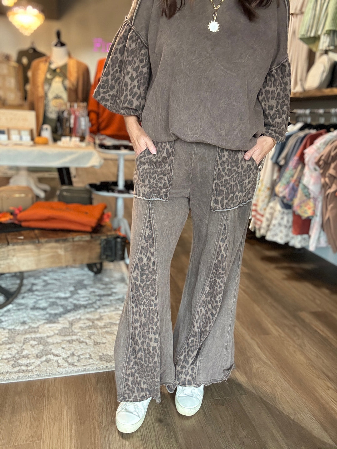 Brown Leopard Wide Leg Sweatpants