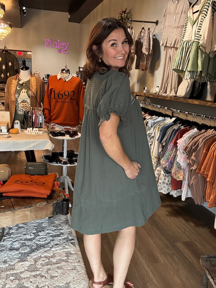 Olive Puff Sleeve Dress