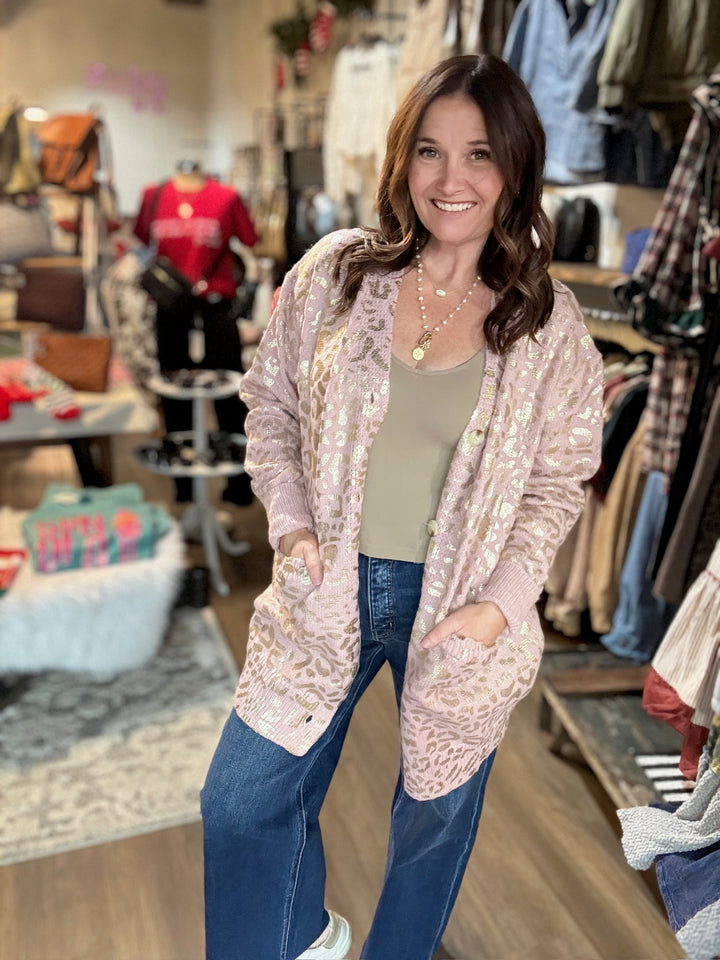 Pink & Gold Leopard Print Cardigan