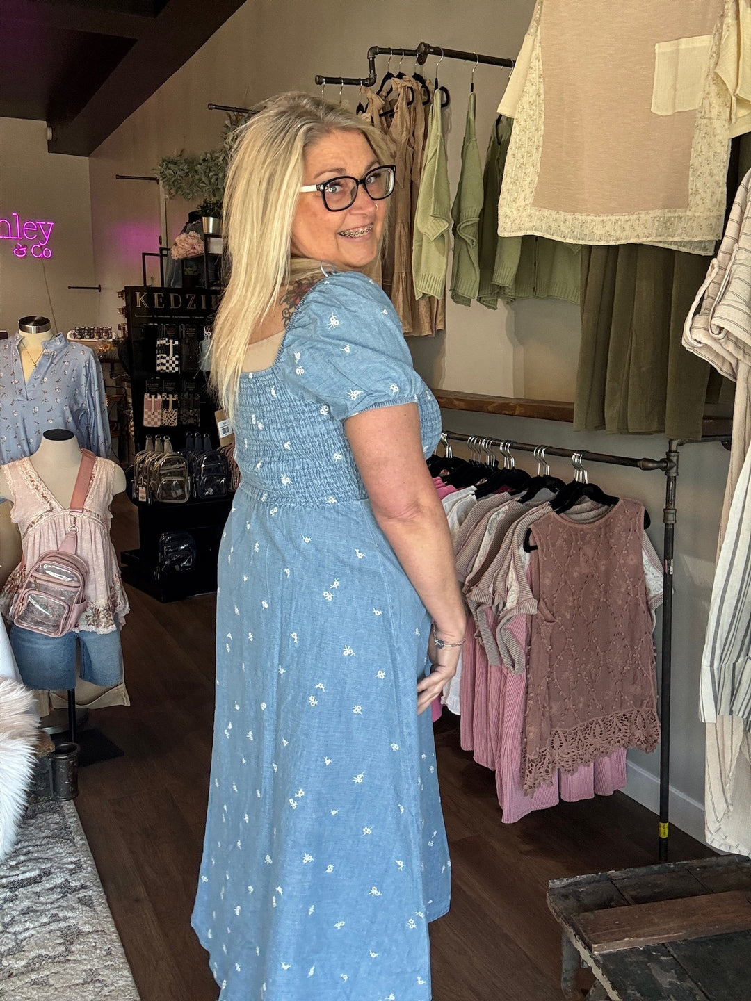 Denim Smocked Floral Midi Dress