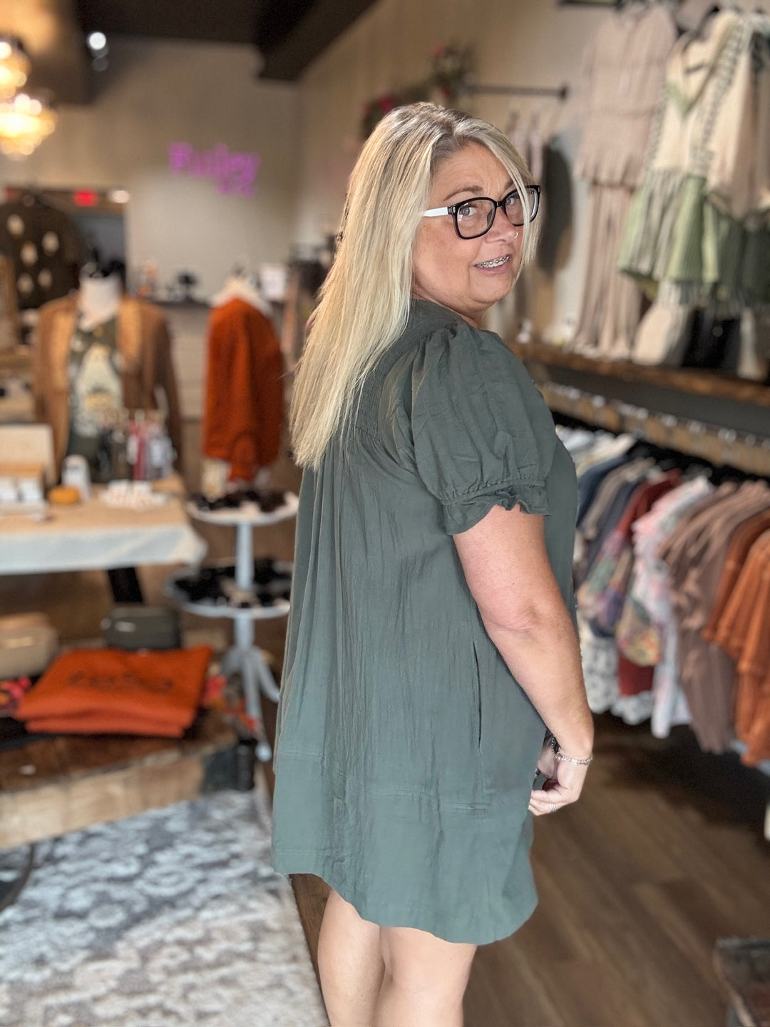 Olive Puff Sleeve Dress