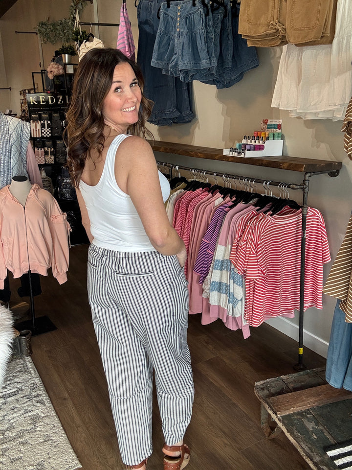 Navy Striped Wide Leg Pants