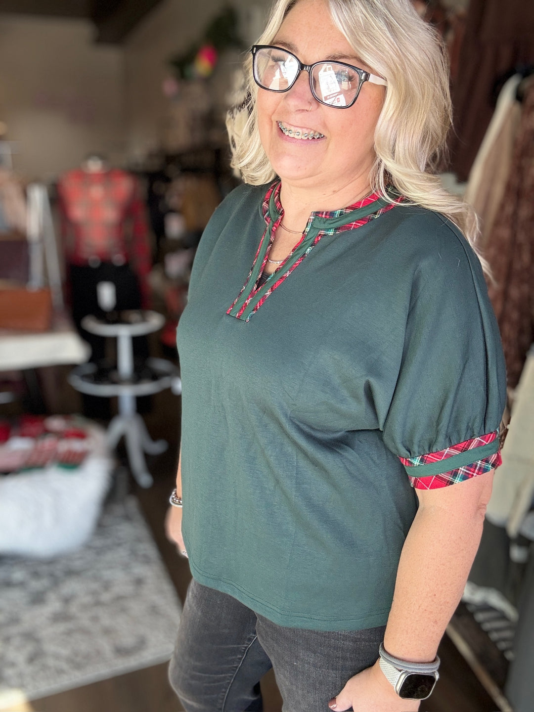 Green & Red Plaid Blouse