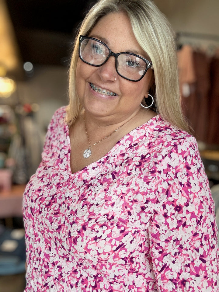 Pink Floral Ruffle Hem Top