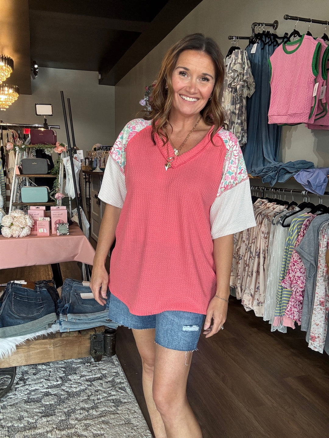 Floral Coral waffle knit top