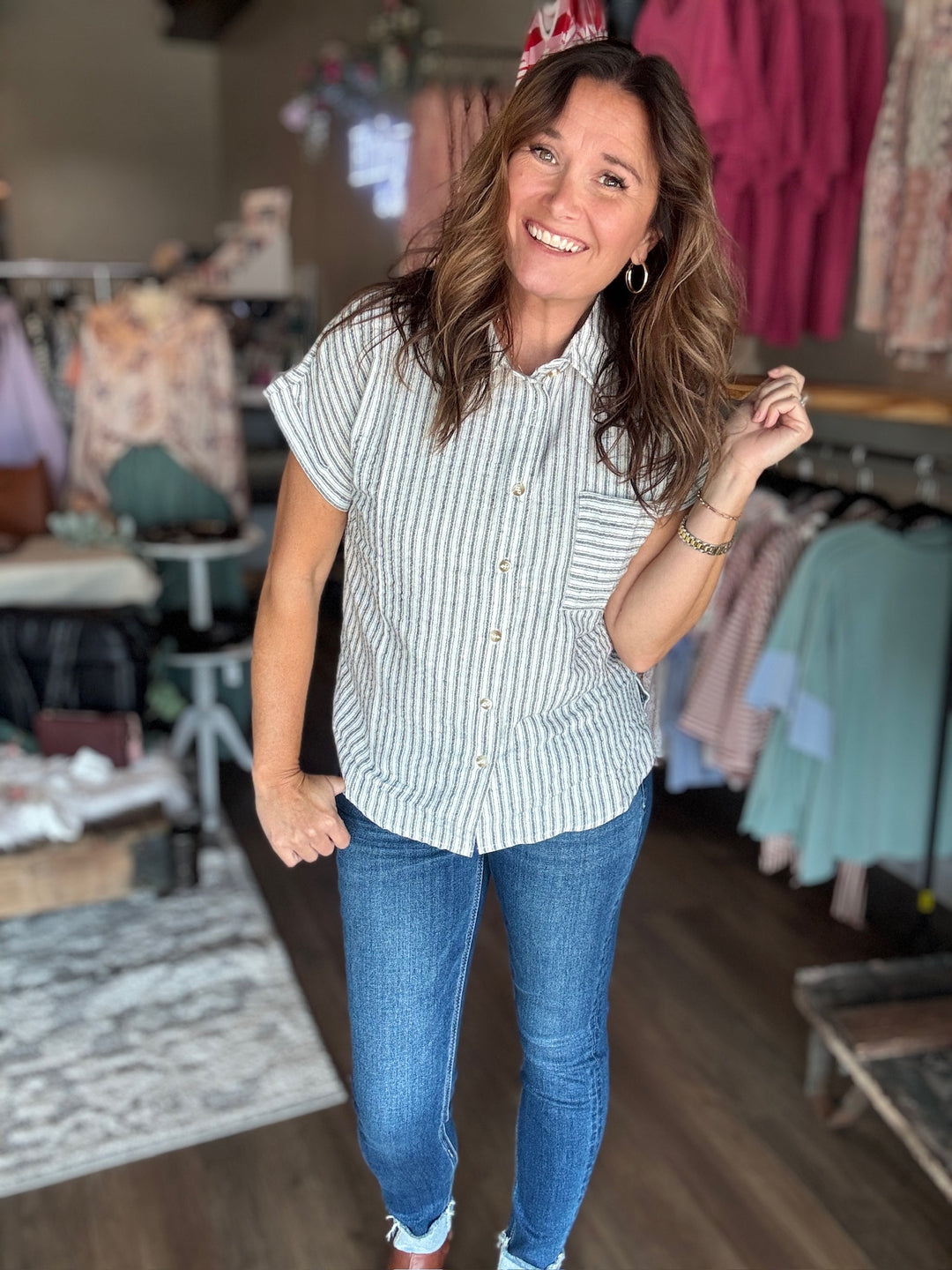 Striped Collared Linen Top