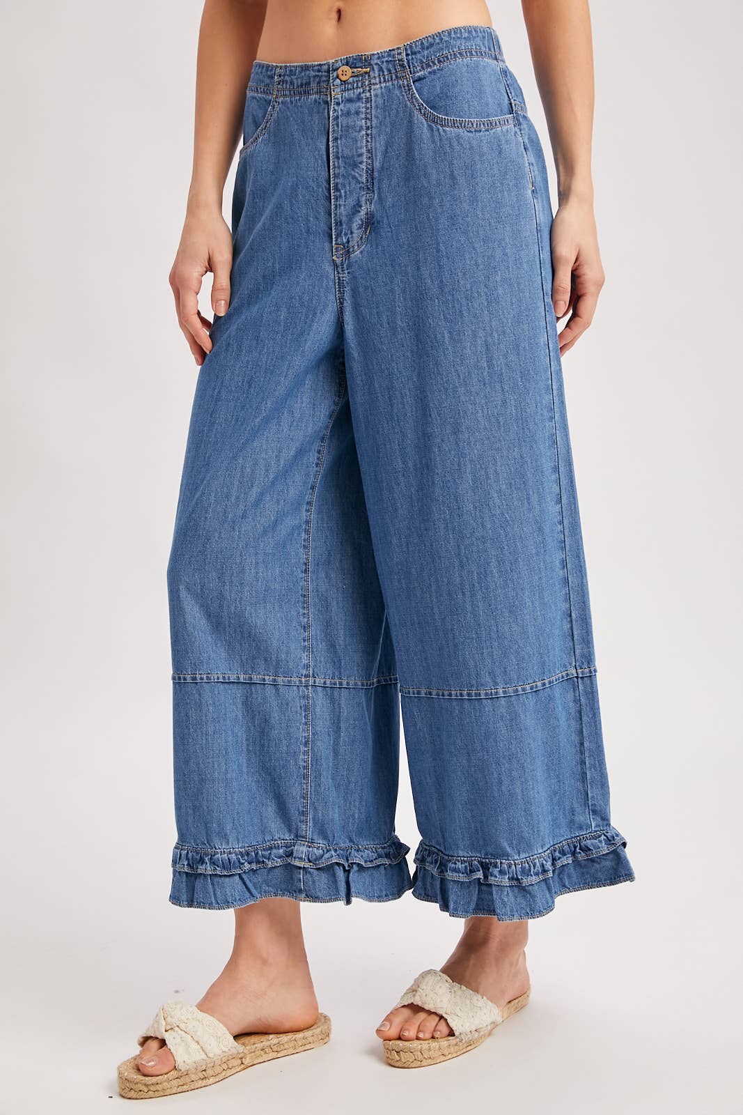 DENIM WIDE-LEG RUFFLED HEM BLOOMER JEANS