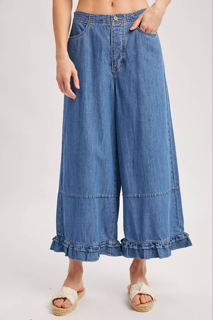 DENIM WIDE-LEG RUFFLED HEM BLOOMER JEANS