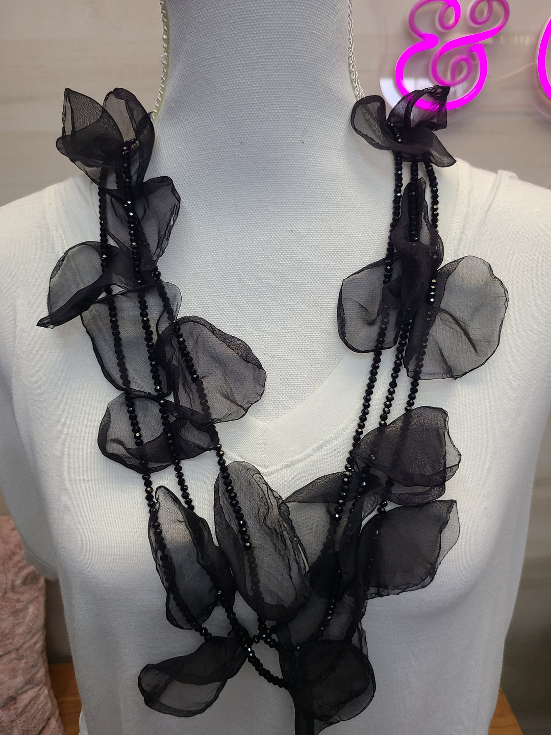 Black Layered Floral & Bead Necklace