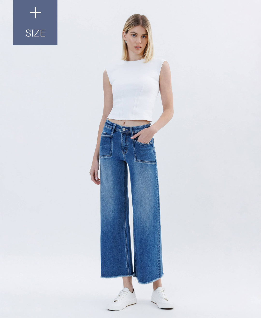 PLUS SIZE HIGH RISE RAW HEM ANKLE WIDE LEG JEANS LV1683-P
