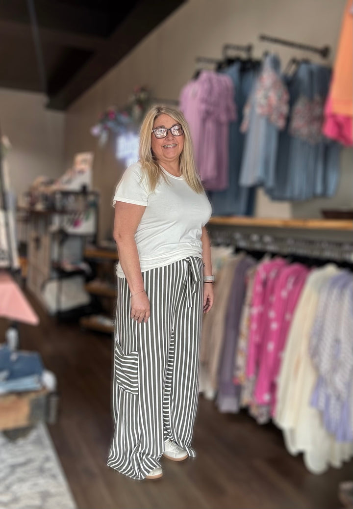 Olive Stripe Wide Leg Pants