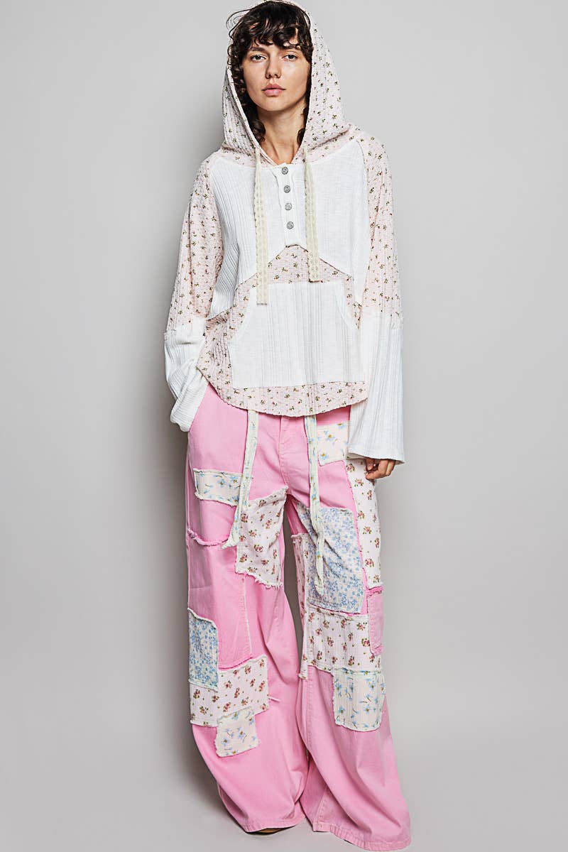Mixed-Fabric Feminine Look Floral Lace Trim Long Sleeve