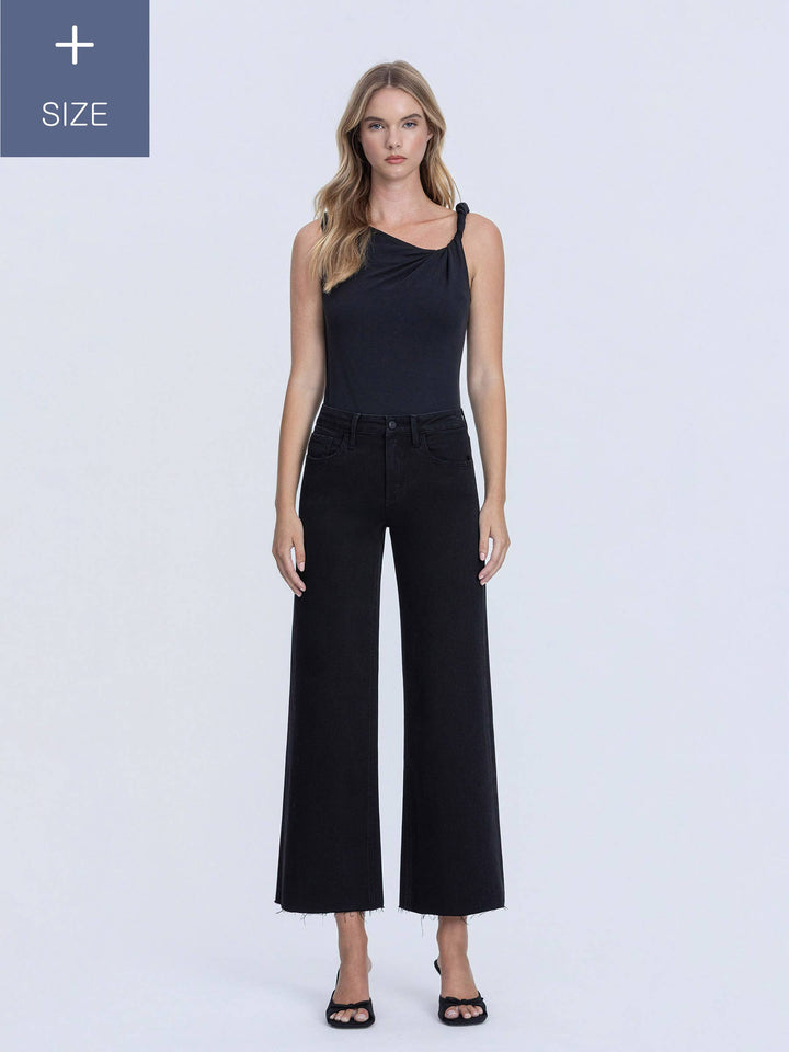 PLUS HIGH RISE RAW HEM CROP BLACK  WIDE LEG JEANS LV1220BK-P