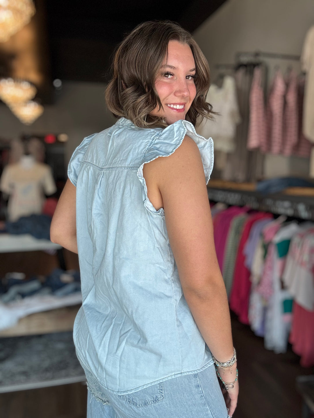 Mineral Washed Denim Button Up Top