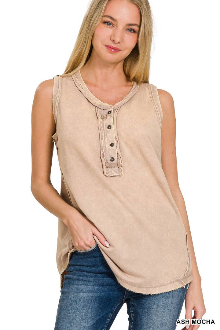 Washed Half Button Raw Edge Henley Top - Zenana