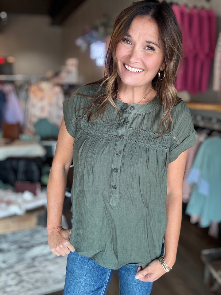 Olive Eyelet Trim Top