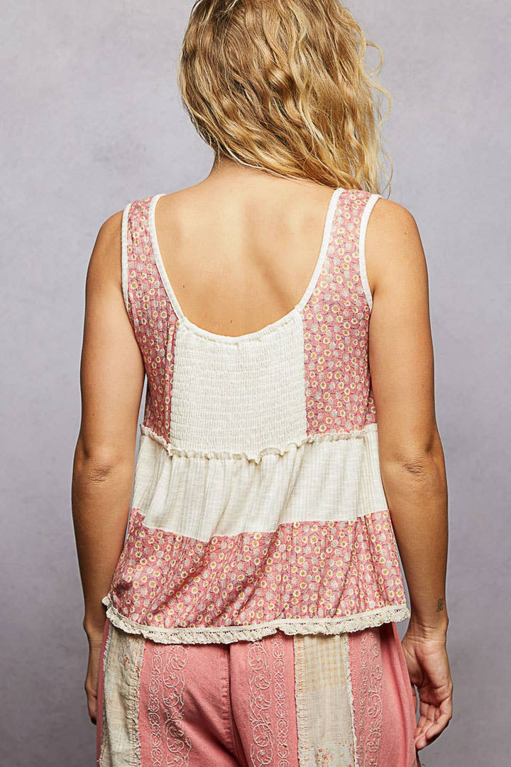 Floral Print Lace Round Contrast Neck Sleeveless Top
