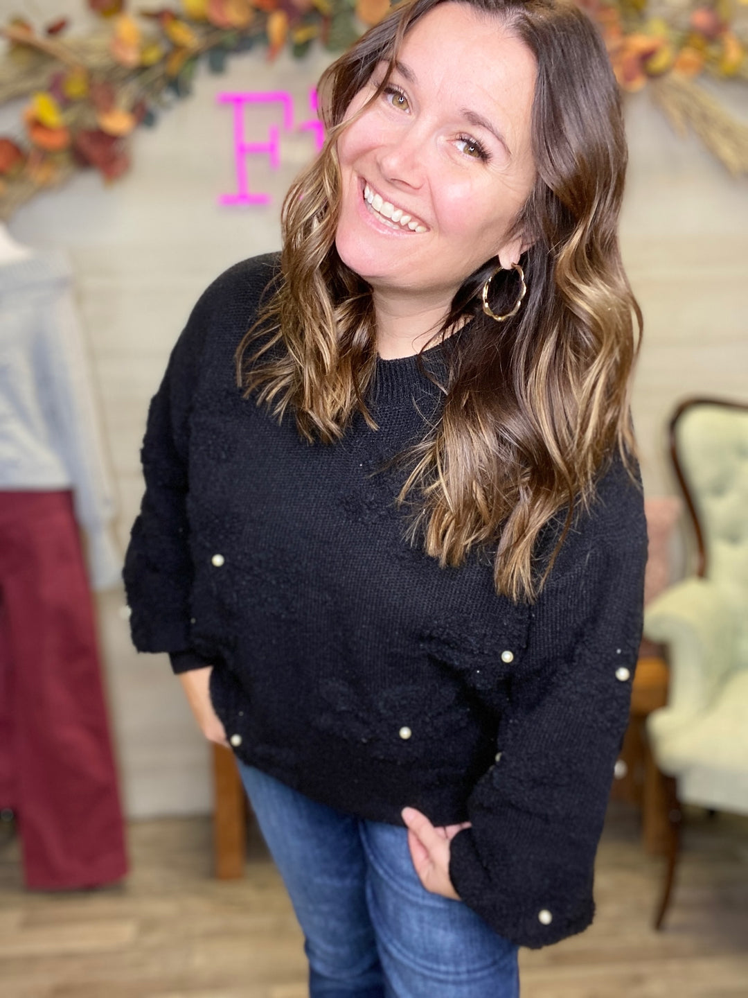 Black Flower Sweater with Pearls