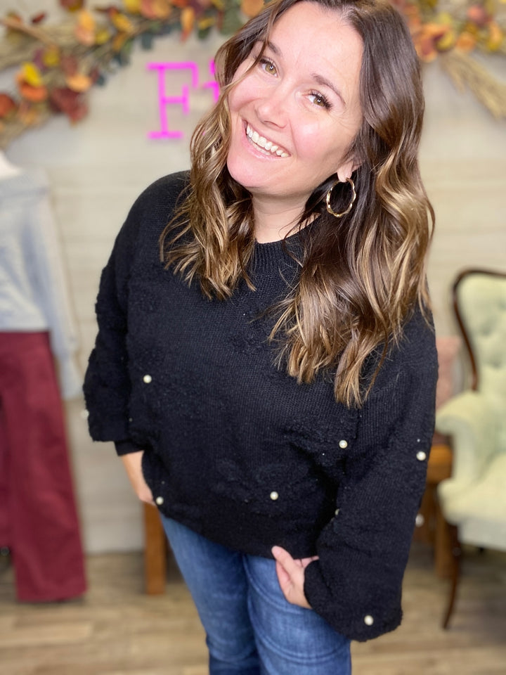 Black Flower Sweater with Pearls