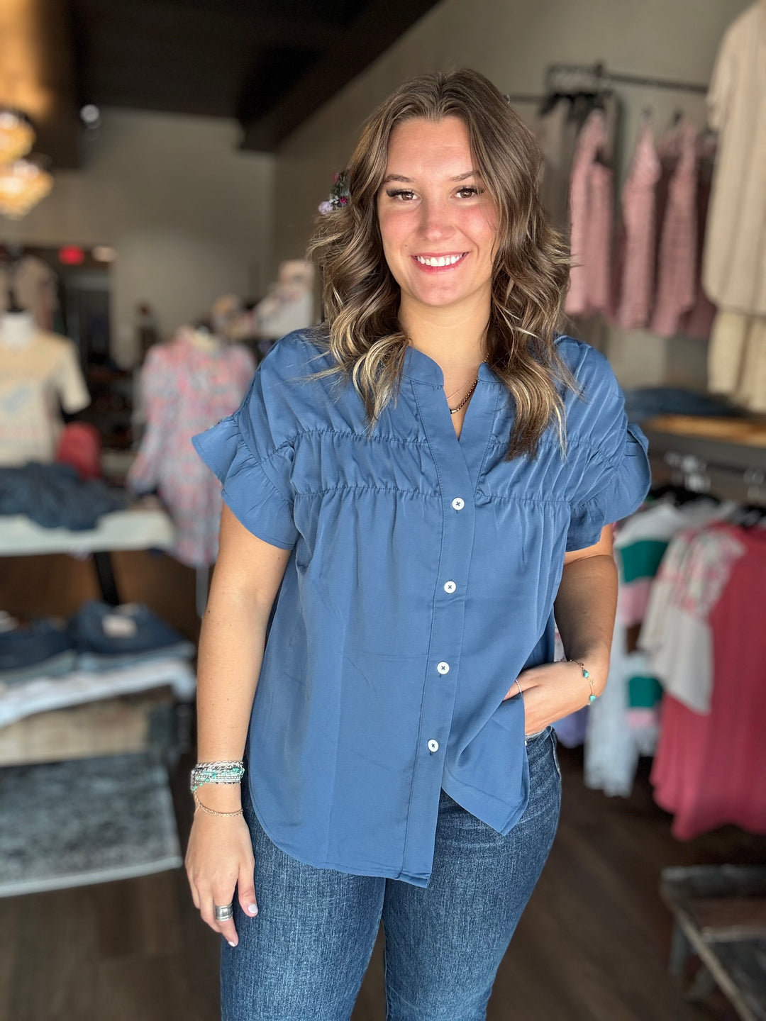 Blue Ruched Button Up Blouse