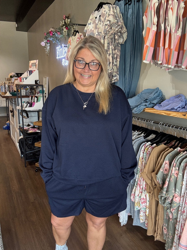 Double Take Full Size Texture Long Sleeve Top and Drawstring Shorts Set