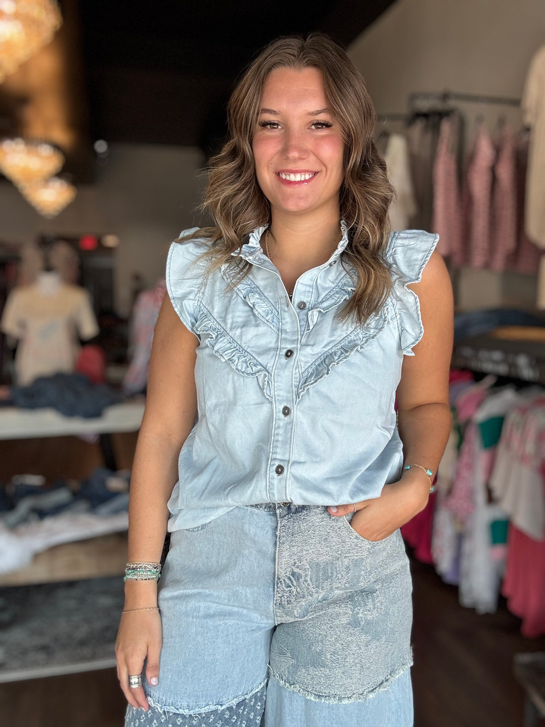 Mineral Washed Denim Button Up Top