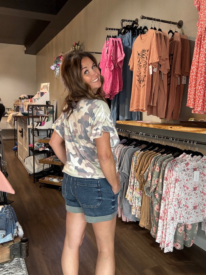 Camo Ruffle Sleeve Tee