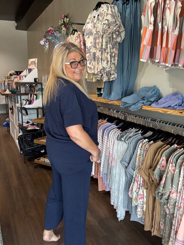 Double Take Full Size Texture Short Sleeve Top and Pants Set