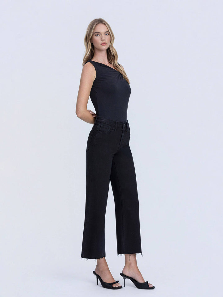 HIGH RISE RAW HEM CROP JET BLACK WIDE LEG JEANS LV1220BK