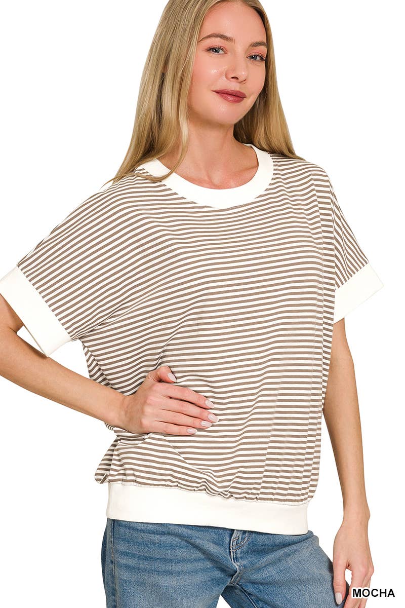 Stripe Contrast Trim Banded Bottom Top - Zenana